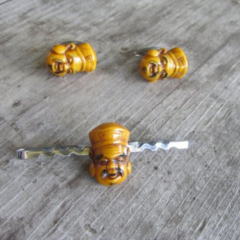 Asian Figural Yellow Bakelite Cufflink Tiebar
